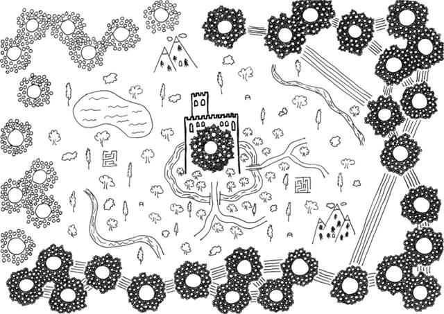 Château fort au centre, monde fantastique mais labyrinthique autour,
								les autres au loin, avec leurs liens entre eux.